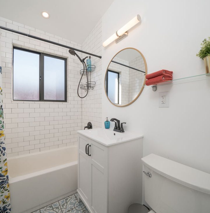 bathroom styled with shower curtain